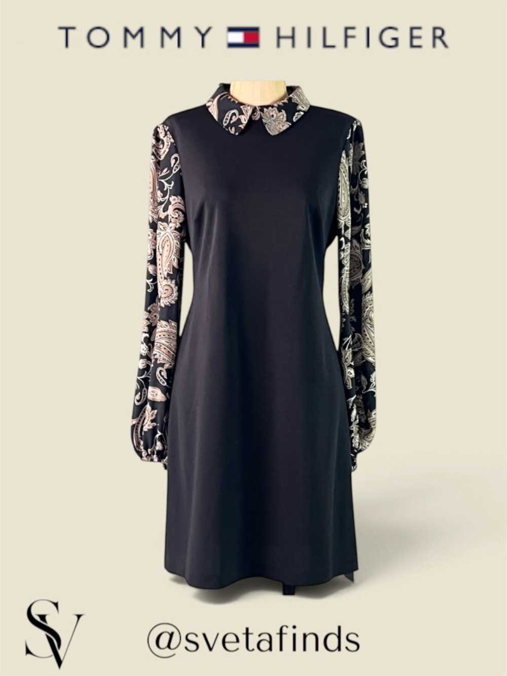 NWT Tommy Hilfiger Black Shift Dress with Tan Paisley Sleeves Collar Size 8